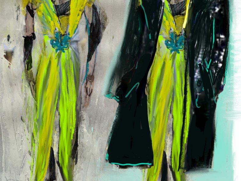 © Aurel Lenfert, Figurinenbild (Kostümskizzen) der zweigeteilten Titelfigur.